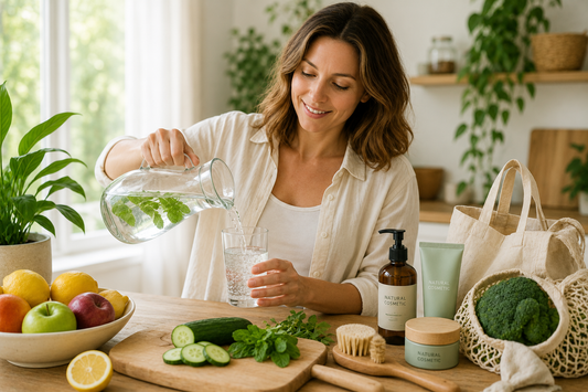 Bewusster Alltag mit gefiltertem Wasser, Naturkosmetik und frischen Lebensmitteln zur Reduzierung von Mikroplastik