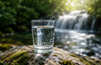 Klares Trinkwasser in einem Glas vor natürlicher Quelle – Symbol für Reinheit, Wasserqualität und Gesundheit