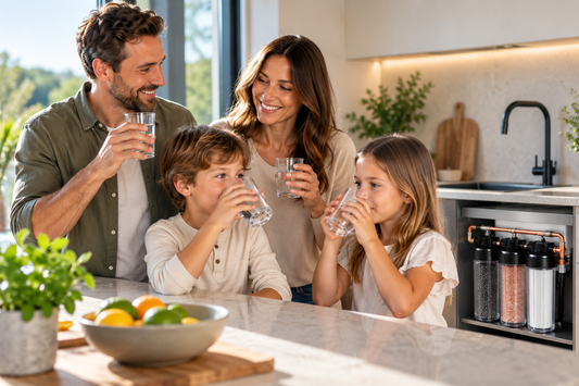 Familie trinkt gefilteres Trinkwasser in Küche