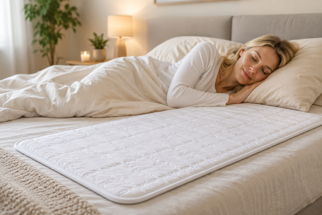 Eine entspannte Frau schläft ruhig in einem hellen Schlafzimmer. Im Vordergrund liegt eine schlichte weiße Schlafauflage auf dem Bett