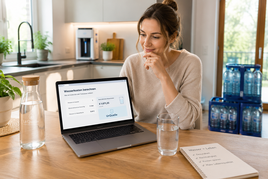Person berechnet die Wasserkosten am Laptop und informiert sich über ein Wasserfiltersystem.