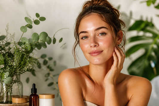 Frau mit strahlender, natürlicher Haut umgeben von Pflanzen und Naturkosmetik – natürliche Schönheit ohne Chemie