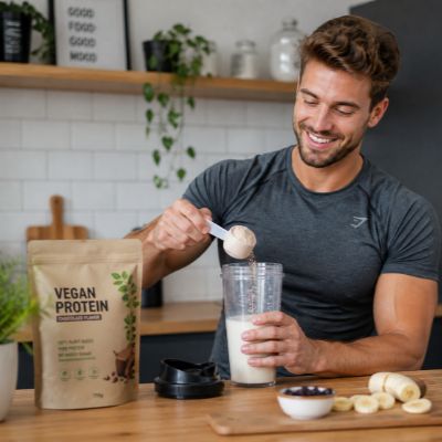 Sportlicher Mann mixt sich einen Proteinshake für Energie und Regeneration mit veganem Proteinpulver