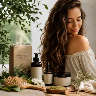 Frau mit langen, glänzenden Haaren in natürlicher Umgebung mit Bio-Kosmetik und Pflanzenhaarfarbe für gesunde, gepflegte Haare